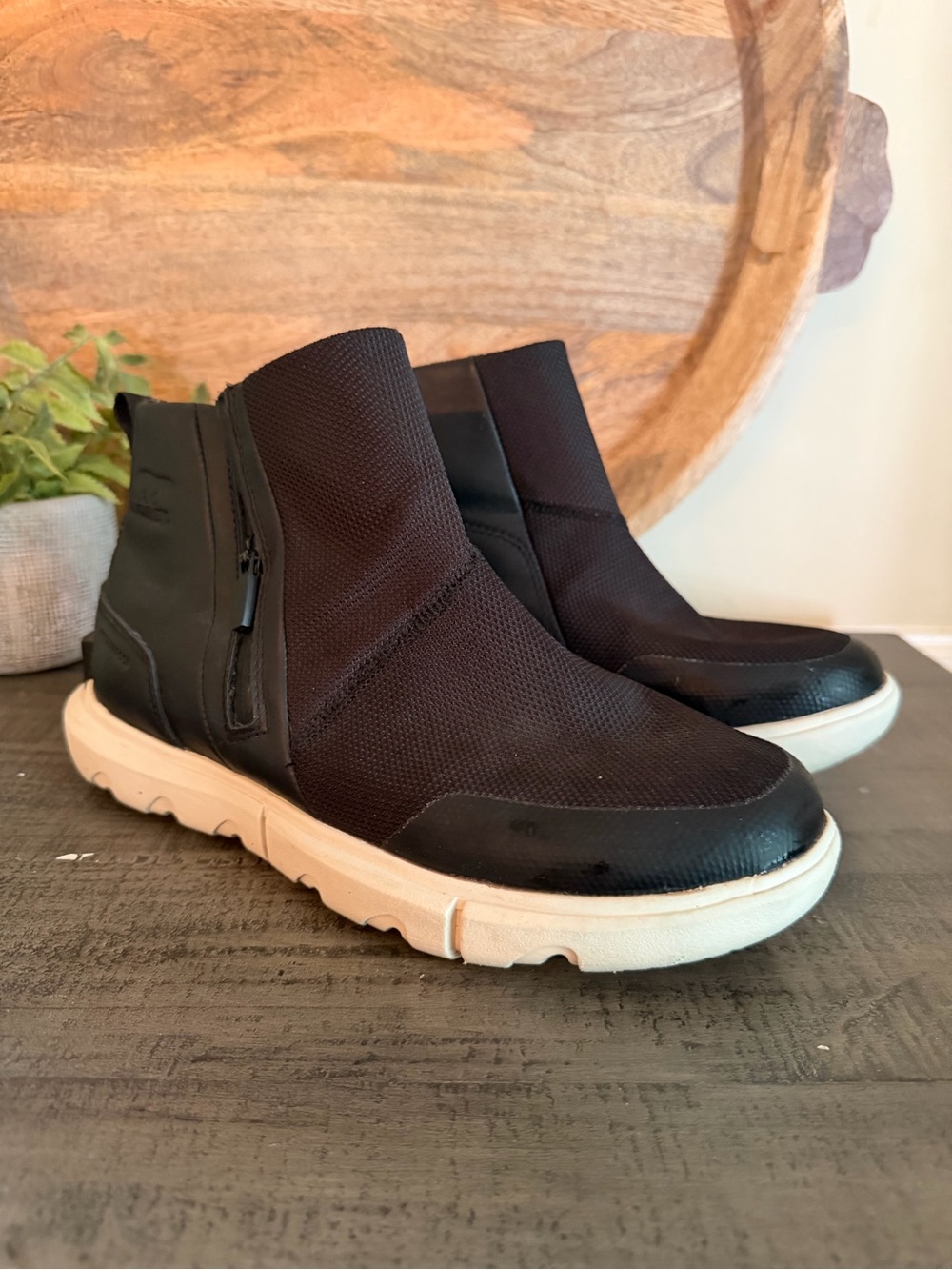 Sorel Women's Black Knit Ankle Zip Booties with Cream Sole